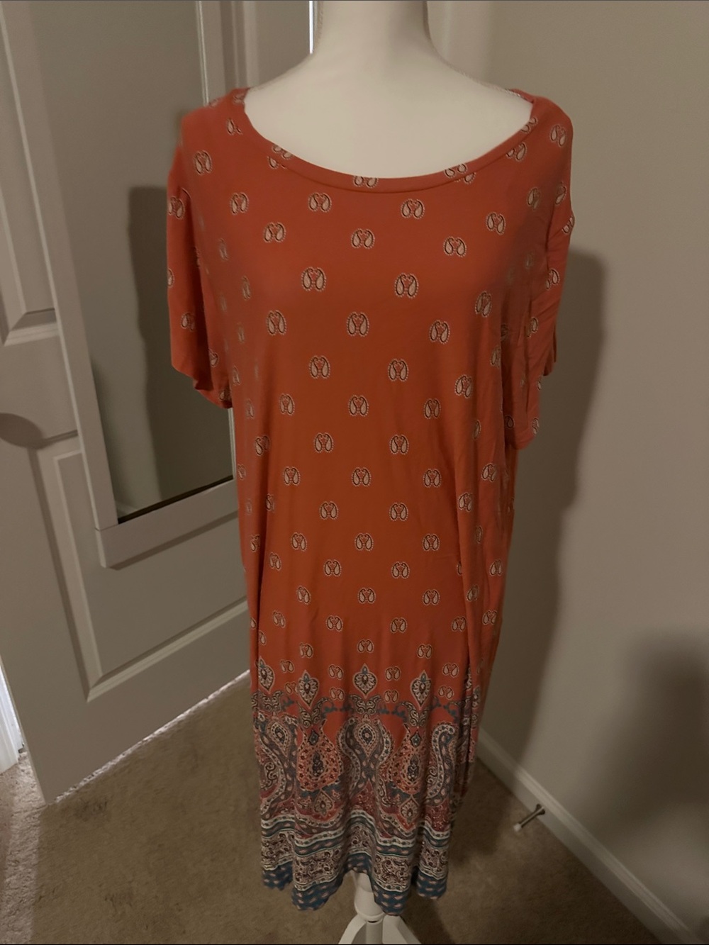 Lucky Brand Rust Orange Midi Dress with Printed Border